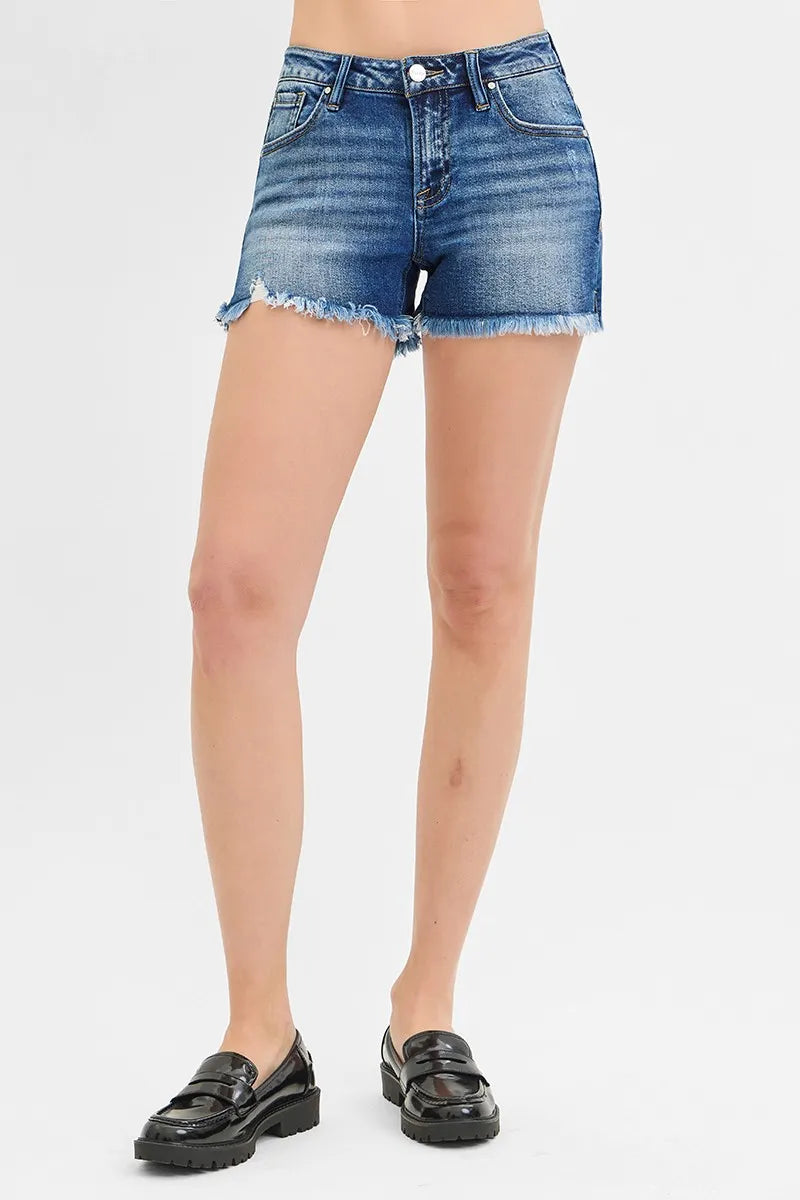 RISEN Full Size Low Rise Frayed Denim Shorts Plus Size - cas7m