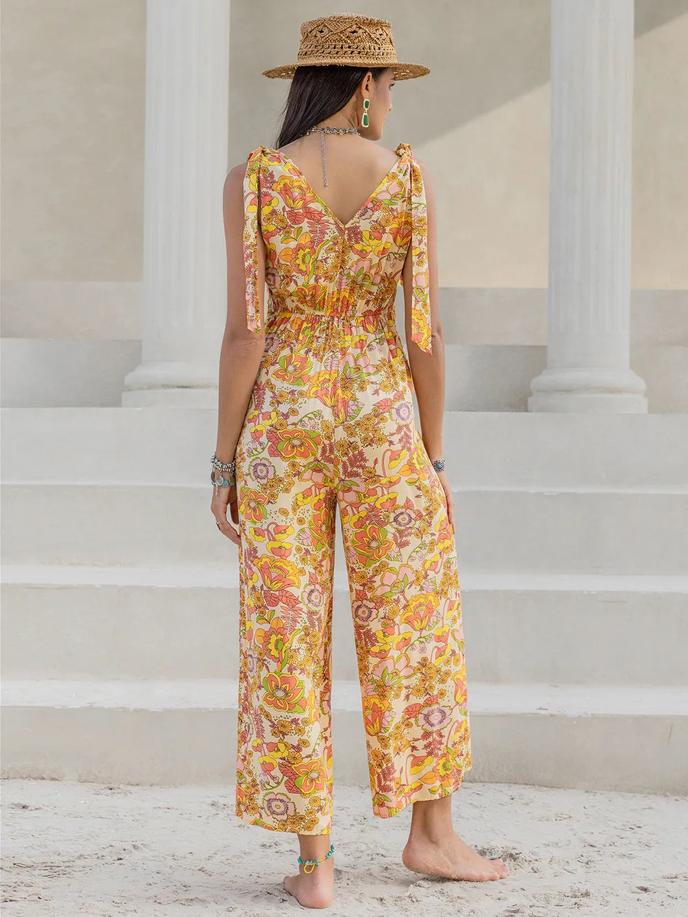 Printed V-Neck Tie Shoulder Jumpsuit - cas7m