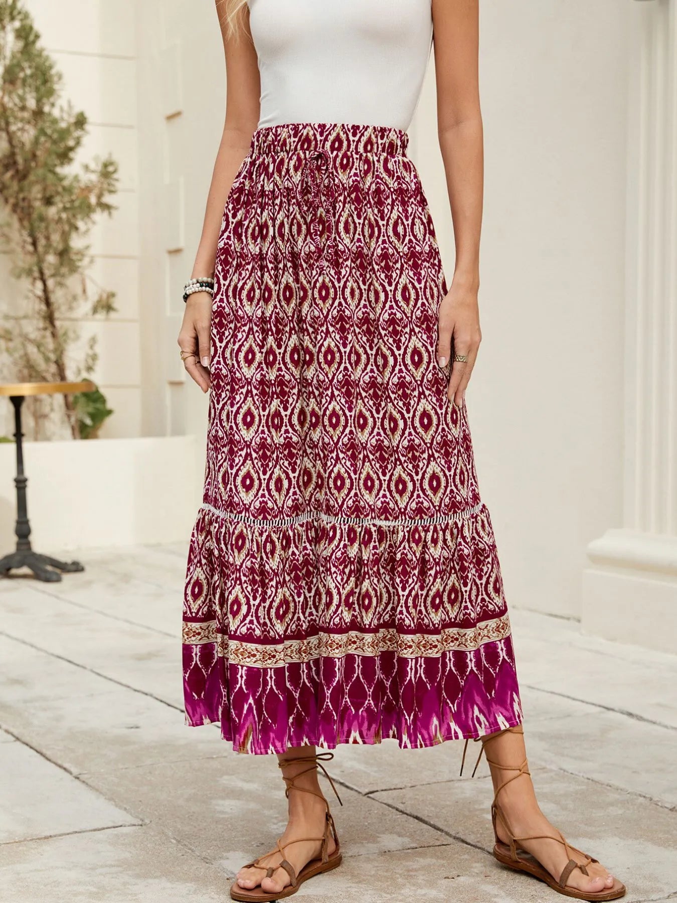 Bohemian Printed Ruched Maxi Skirt - cas7m