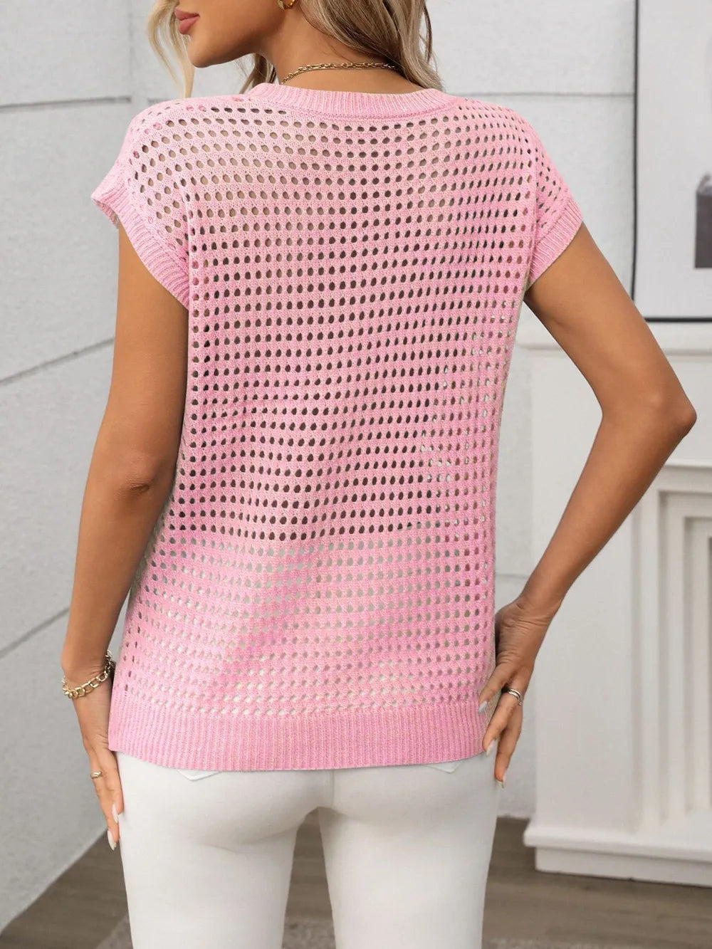 Openwork Round Neck Short Sleeve Knit Cover Up - cas7m
