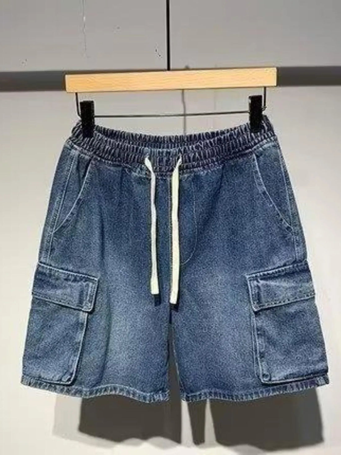 Men's Full Size Elastic Waist Washed Denim Cargo Shorts Plus Size - cas7m