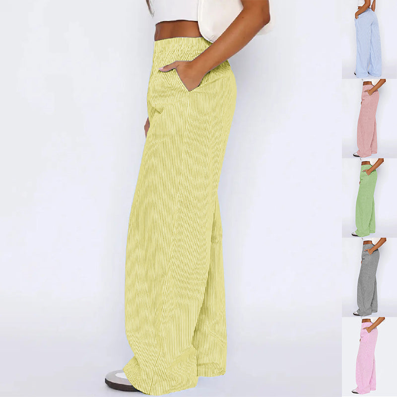 Striped Trousers With Pockets Ins Fashion Casual Wide Leg Straight Pants For Women Clothing - cas7m