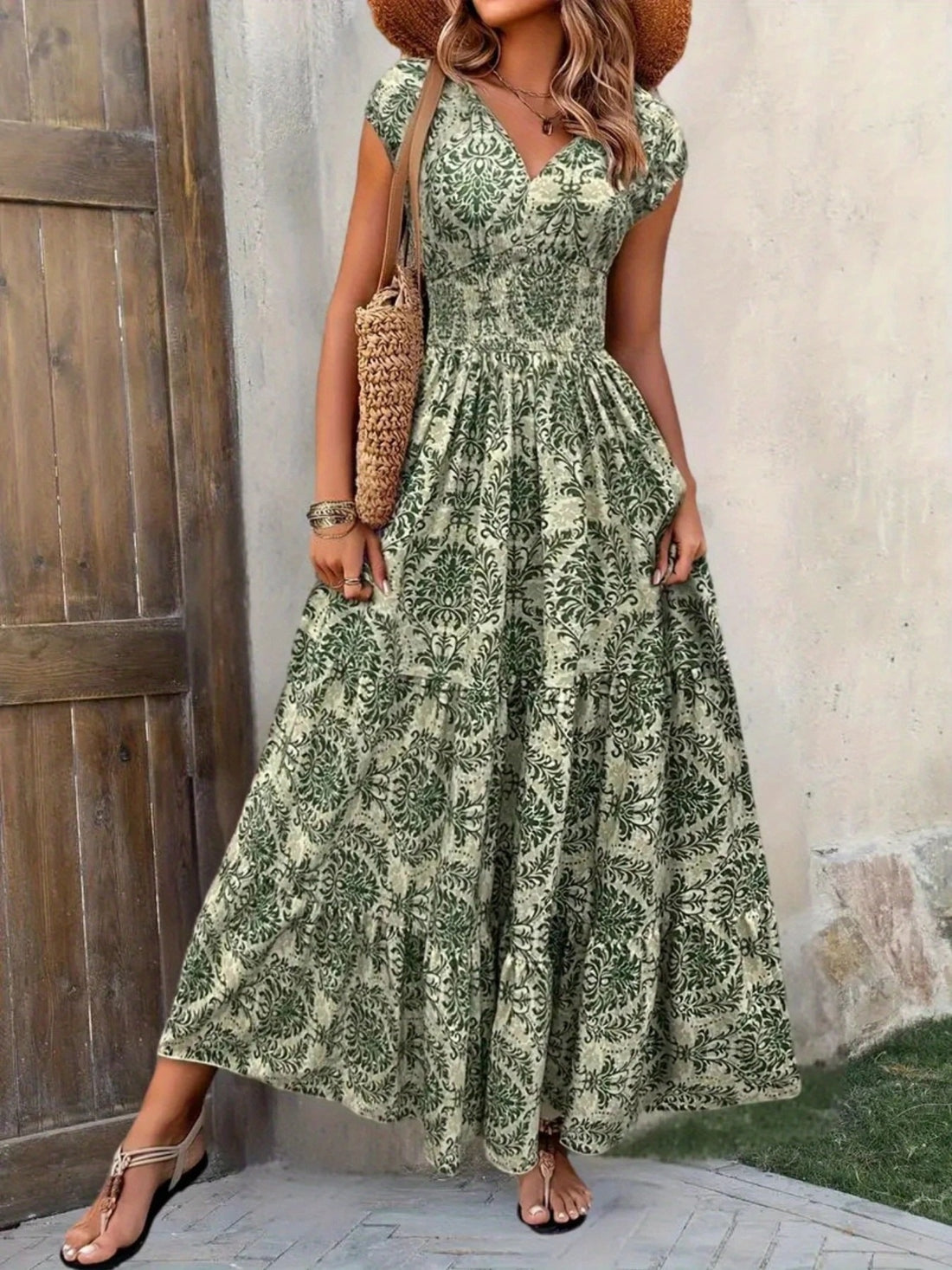 Smocked Tiered Maxi Dress - Chic Polyester Statement - cas7m