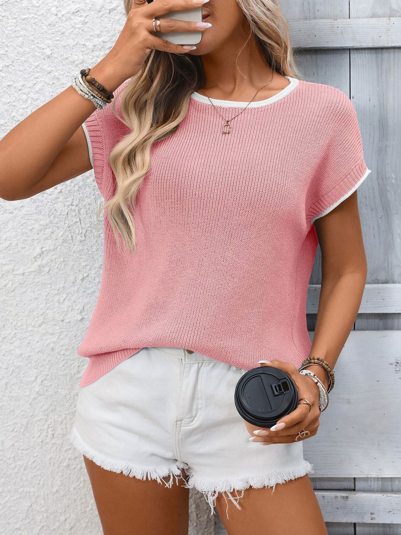 Contrast Trim Short Sleeve Sweater - cas7m