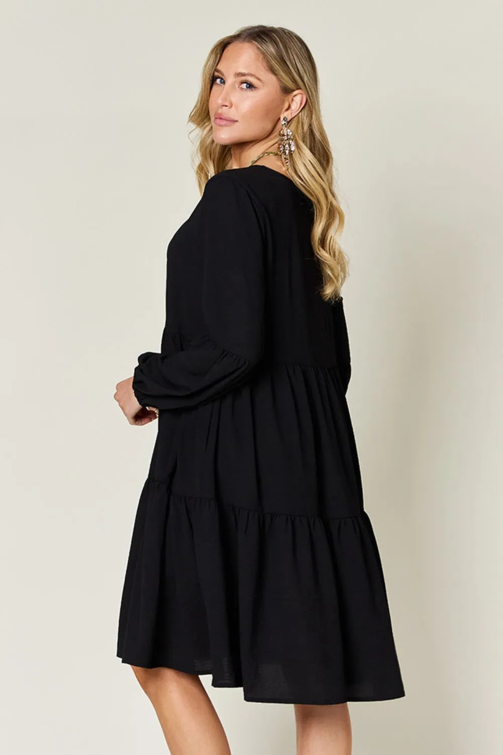 Double Take Full Size V-Neck Balloon Sleeve Tiered Dress with Pockets - cas7m