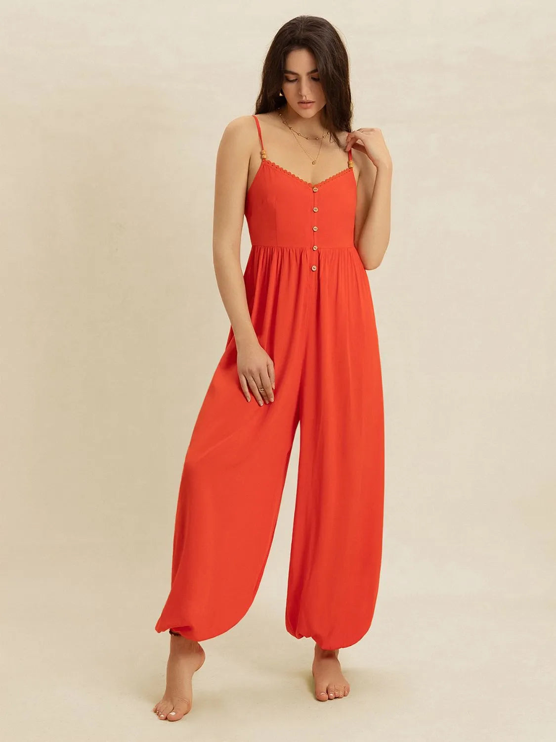V-Neck Spaghetti Strap Jumpsuit - cas7m