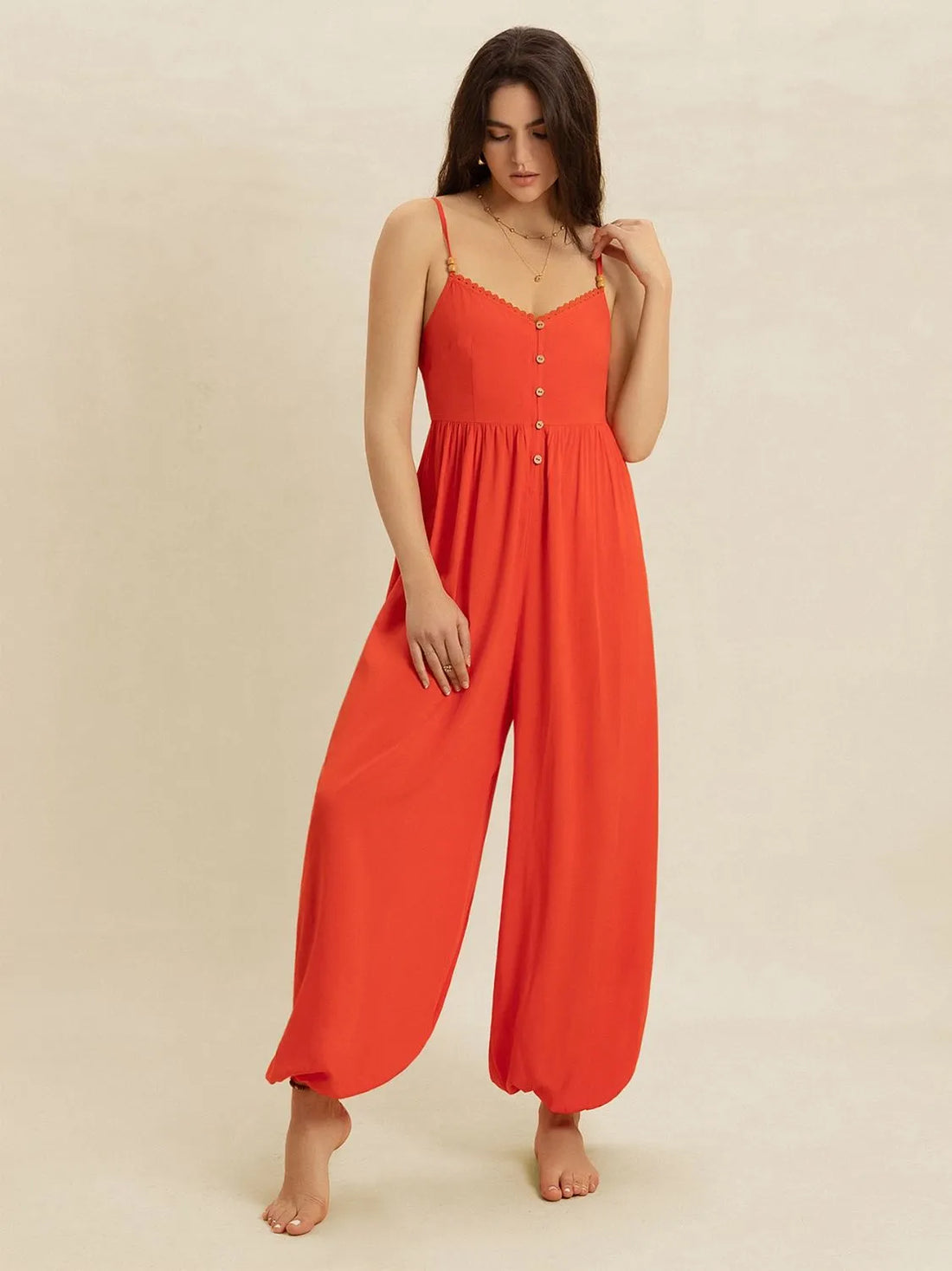 V-Neck Spaghetti Strap Jumpsuit - cas7m
