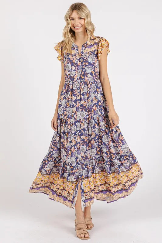 Mittoshop Floral Ruffled Notched Cap Sleeve Maxi Dress - cas7m
