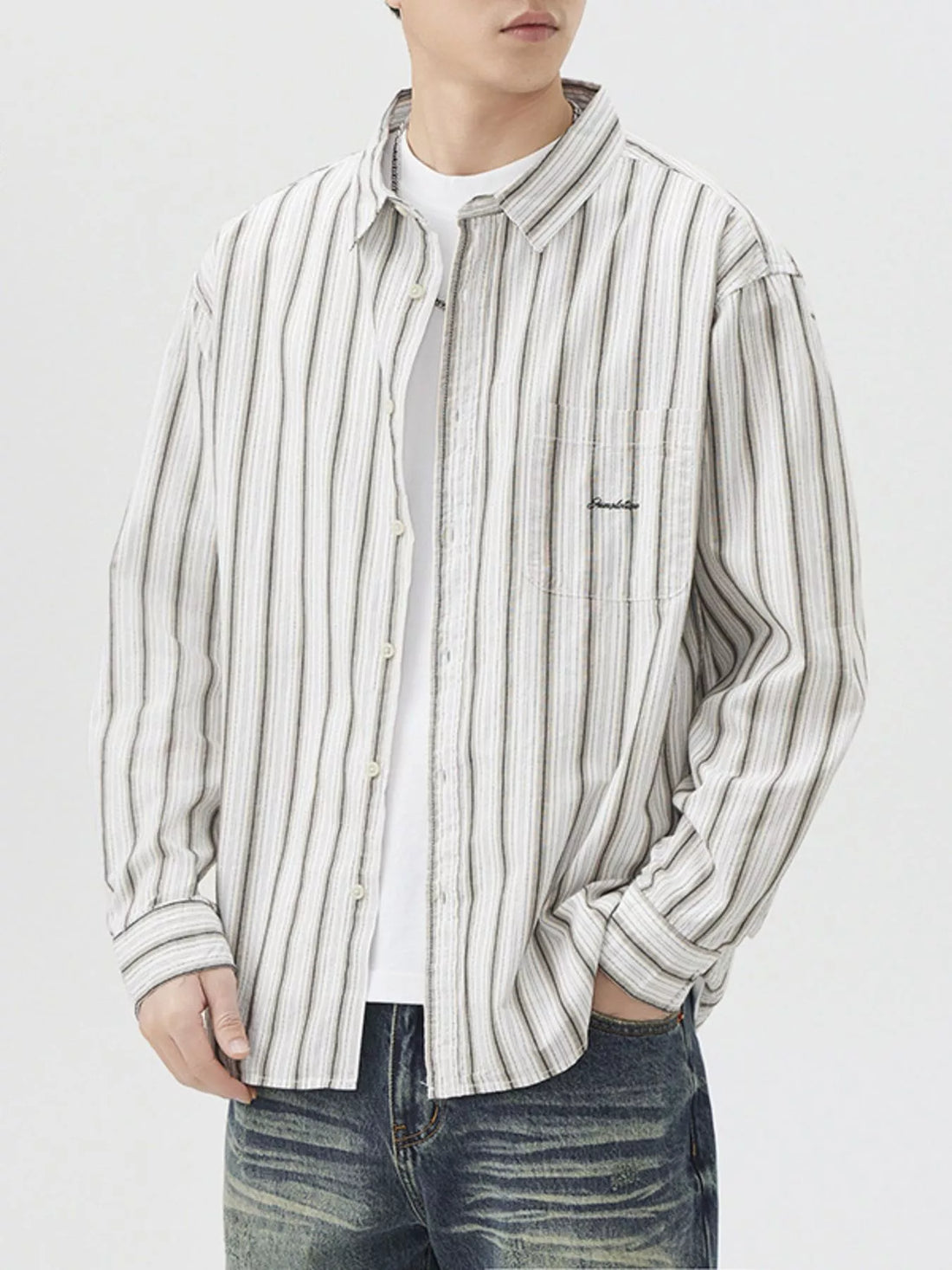 Men's Striped Button Up Long Sleeve Shirt - cas7m