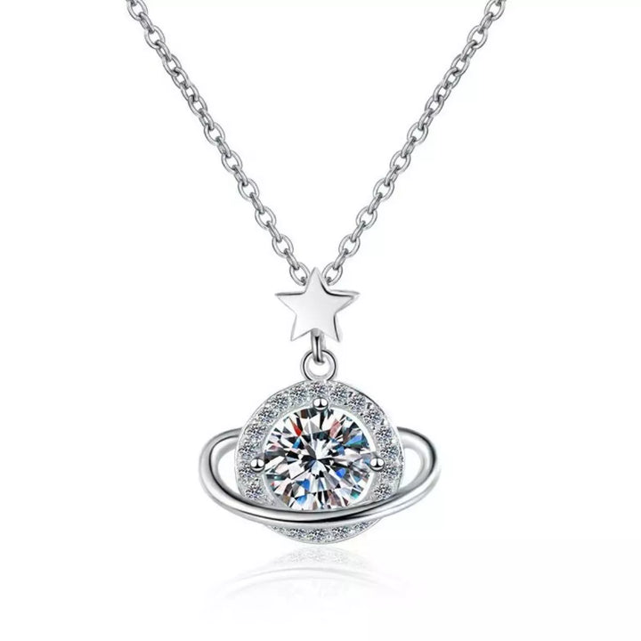 1 Carat 925 Sterling Silver Moissanite Planet Pendant Necklace - cas7m