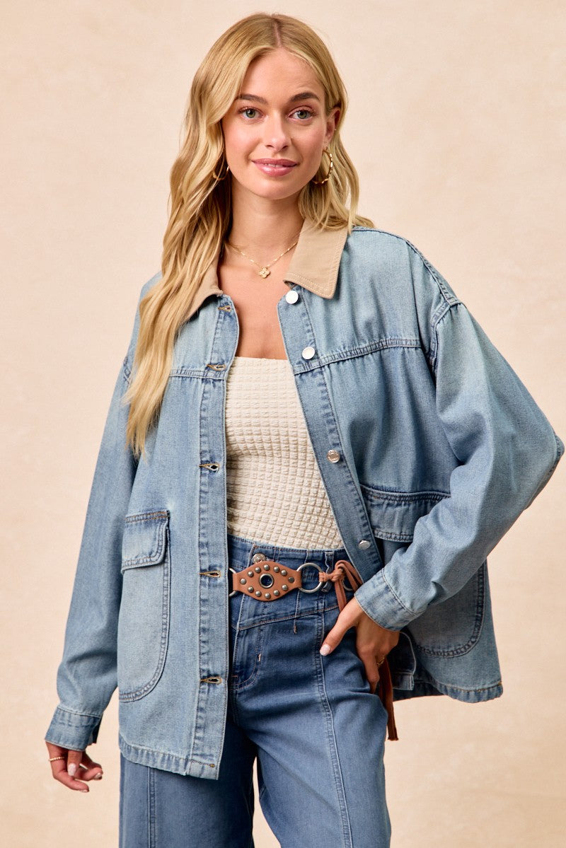 BiBi Washed Denim Jacket with Contrast Collar Detail - cas7m