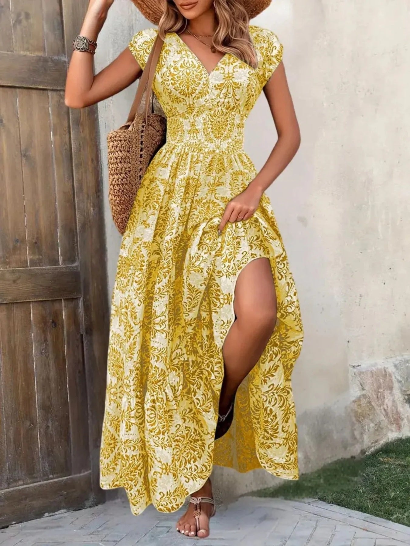 Smocked Tiered Maxi Dress - Chic Polyester Statement - cas7m