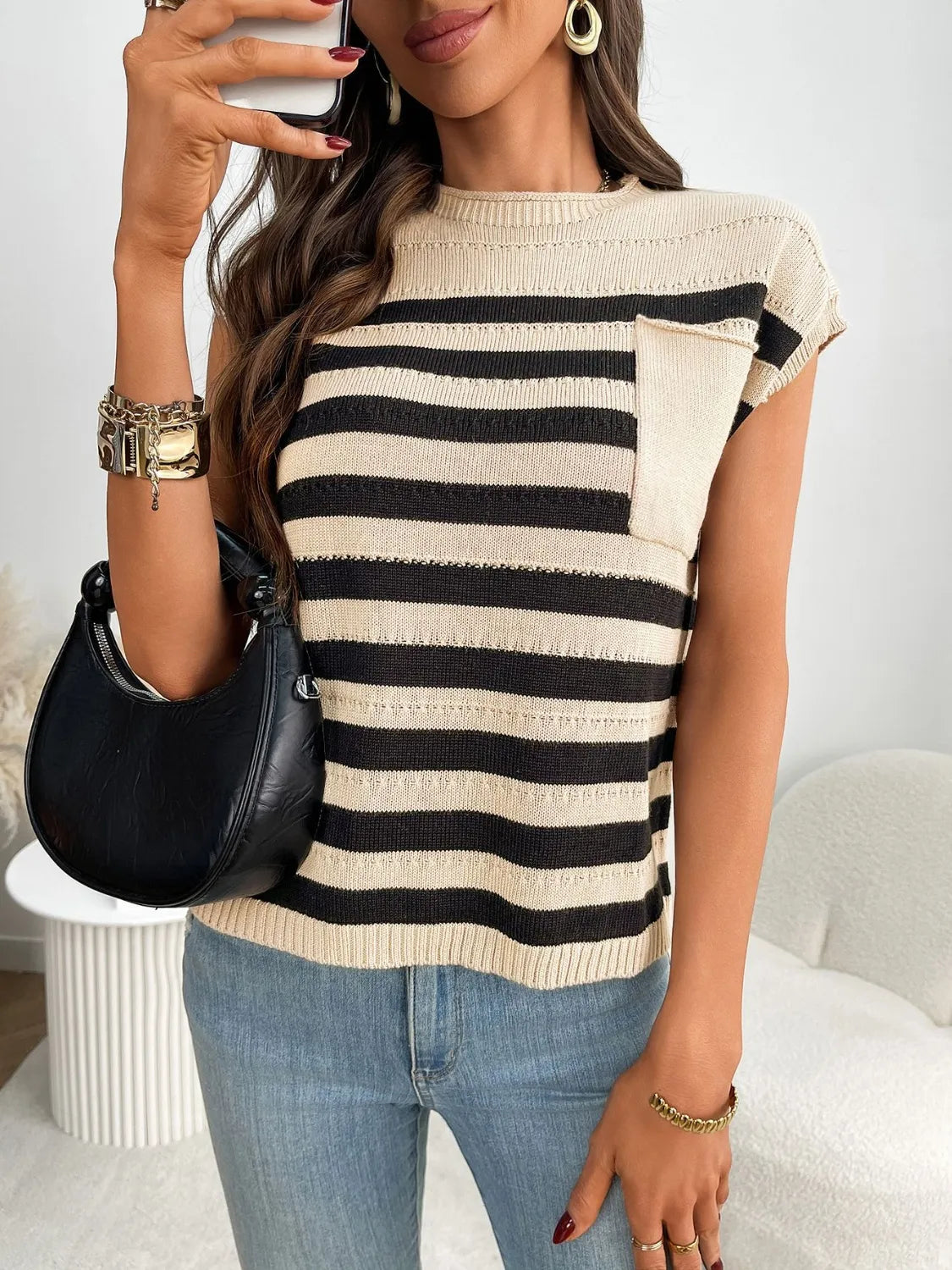Striped Mock Neck Cap Sleeve Knit Top - cas7m