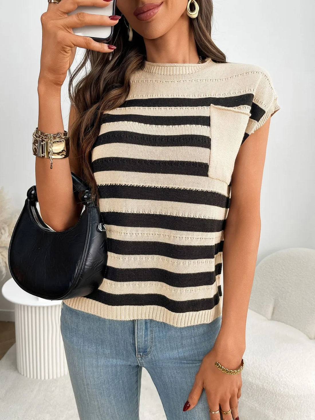 Striped Mock Neck Cap Sleeve Knit Top - cas7m