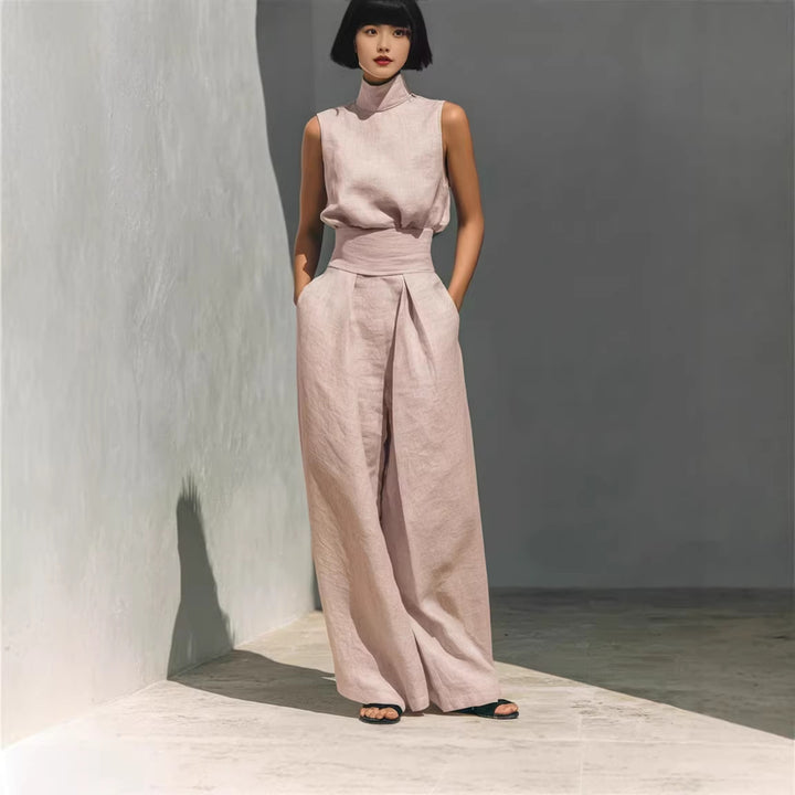 Casual Sleeveless Suit Summer Stand-up Collar Pullover Top And Loose Straight-leg Trousers Women's Clothing - cas7m