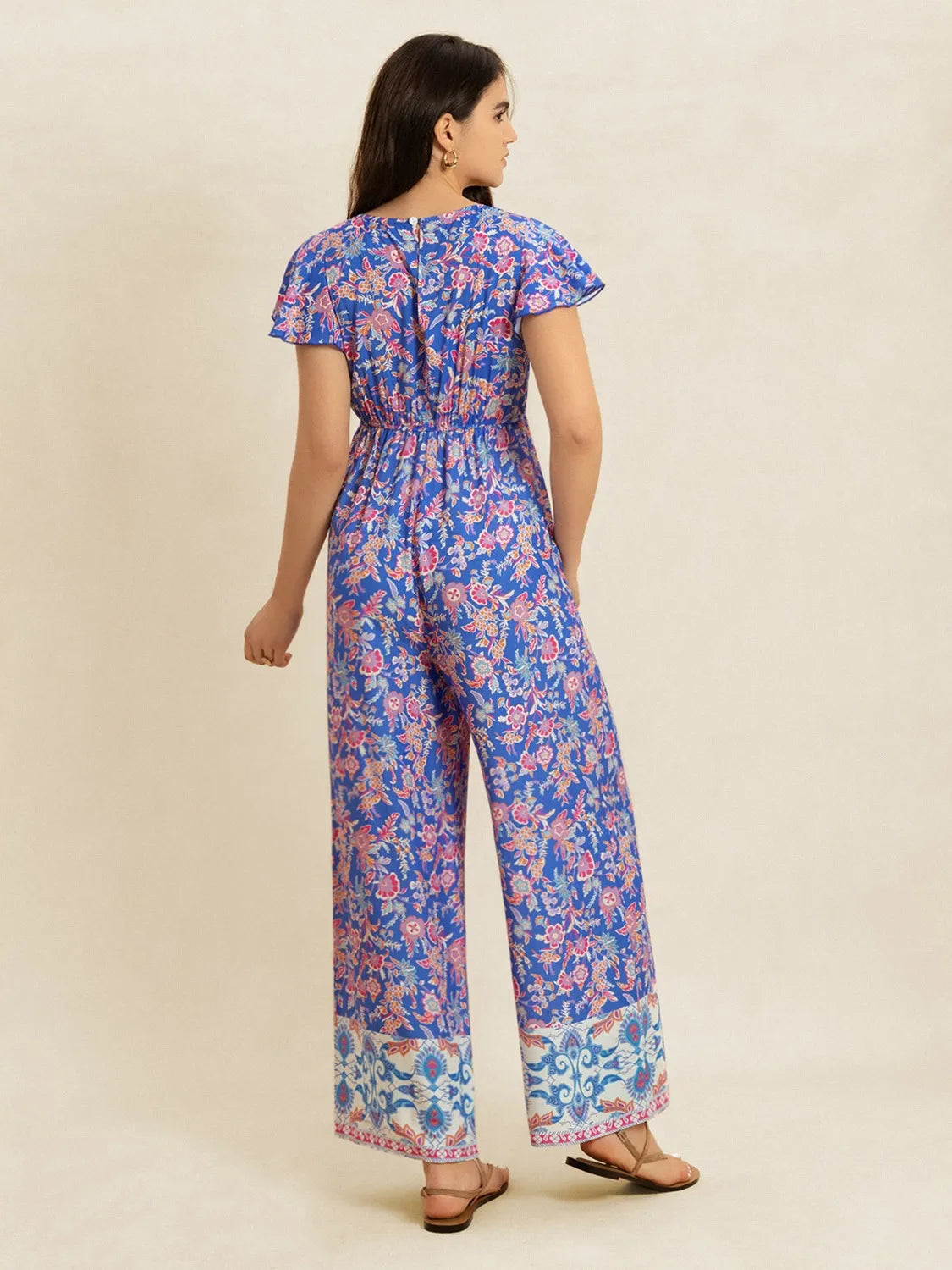 Printed V-Neck Wide Leg Jumpsuit - cas7m
