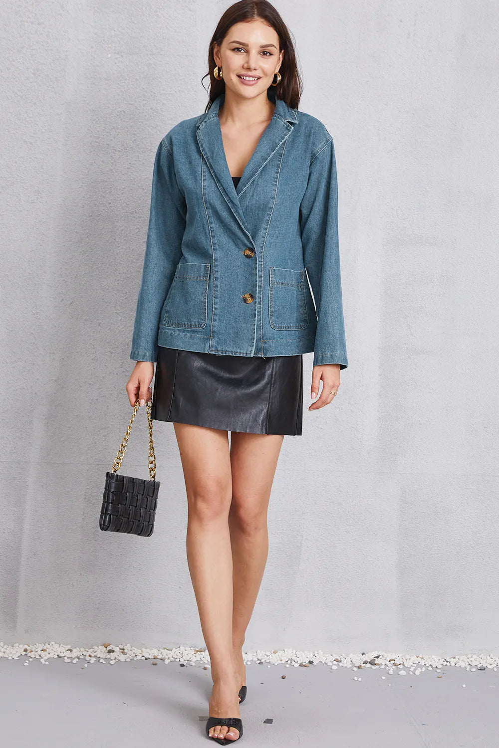 Pocketed Button Up Denim Jacket - cas7m