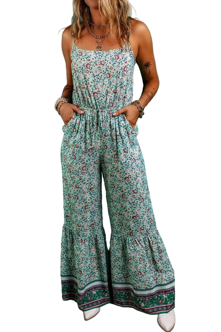 Bohemian Floral Ruffle Bottom Spaghetti Strap Jumpsuit - cas7m