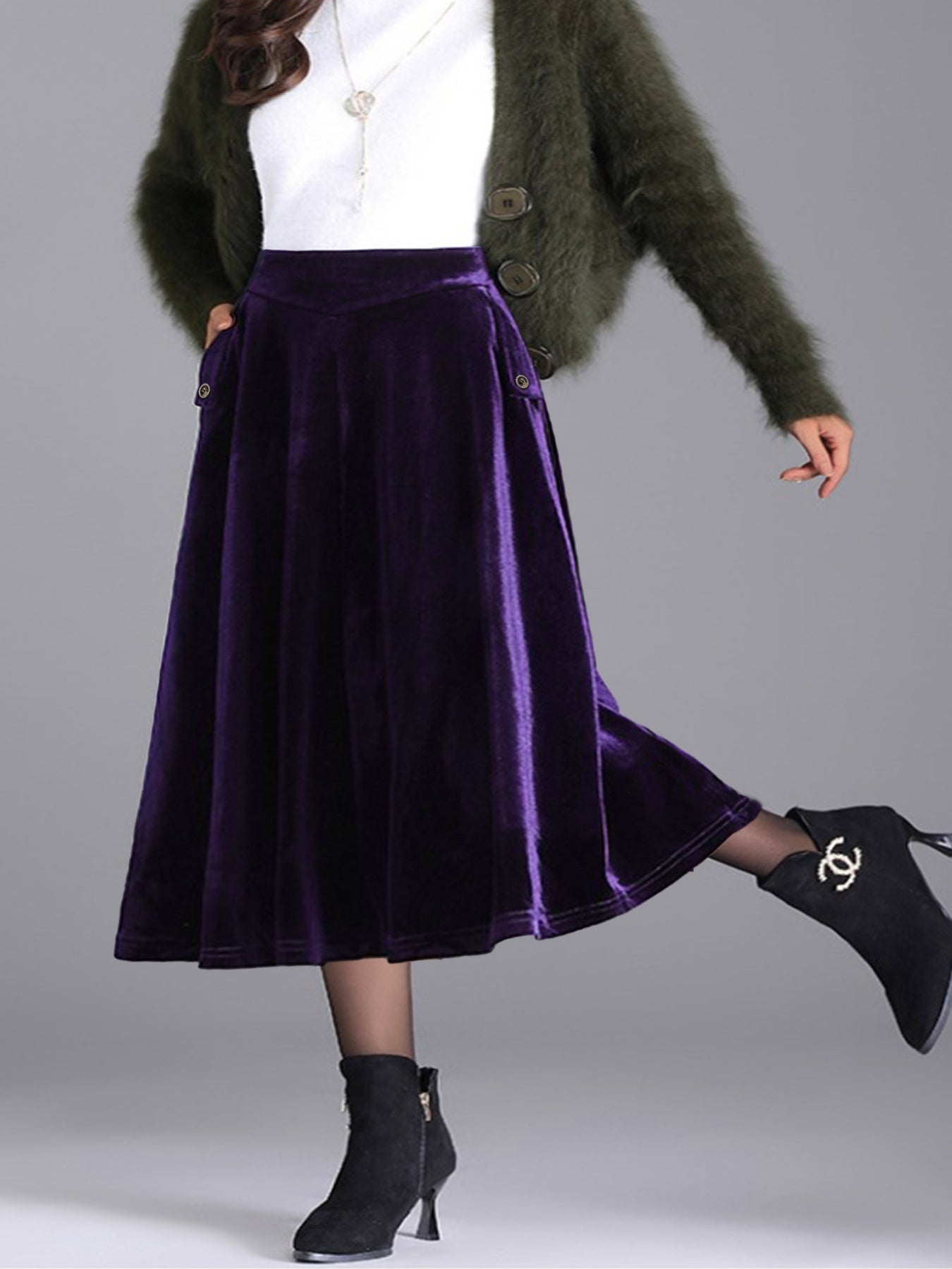 Plus Size Elegant Velvet A-Line Midi Skirt - cas7m