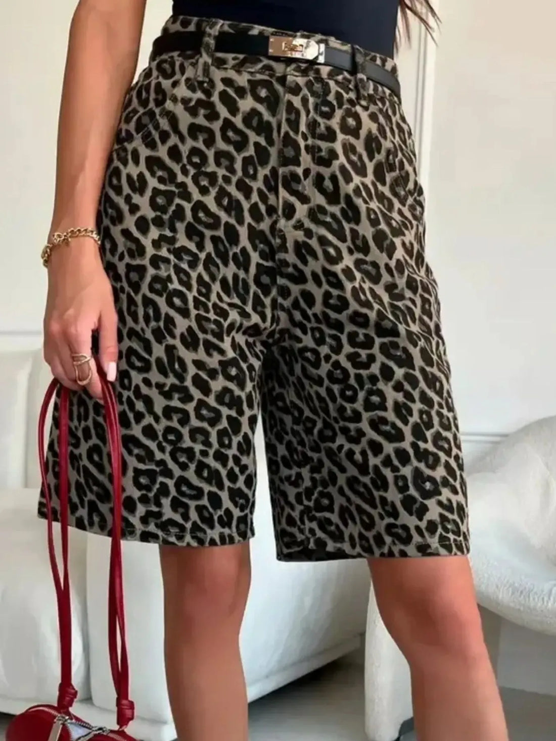 Leopard Print High-Waisted Casual Shorts - cas7m