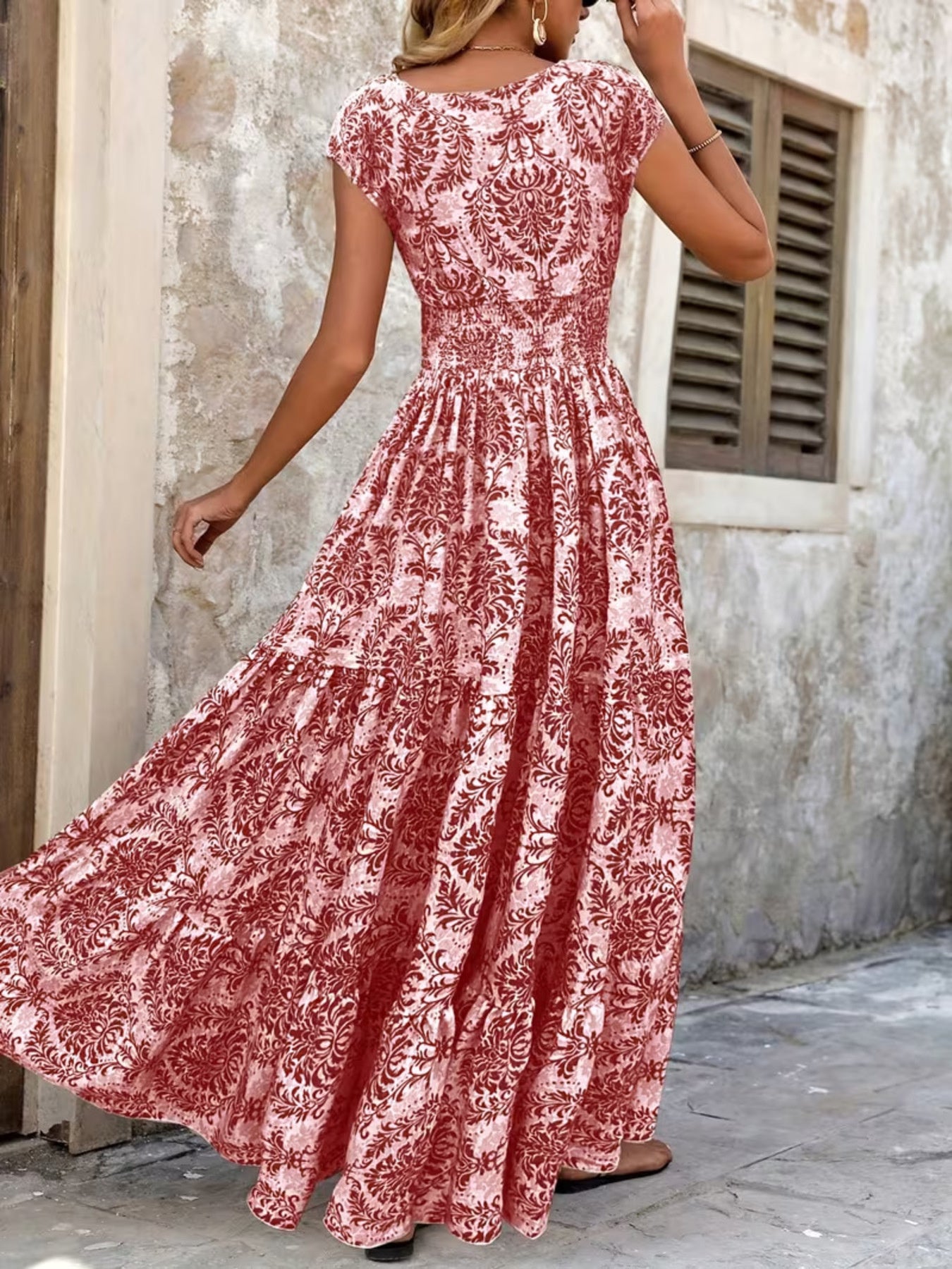 Smocked Tiered Maxi Dress - Chic Polyester Statement - cas7m