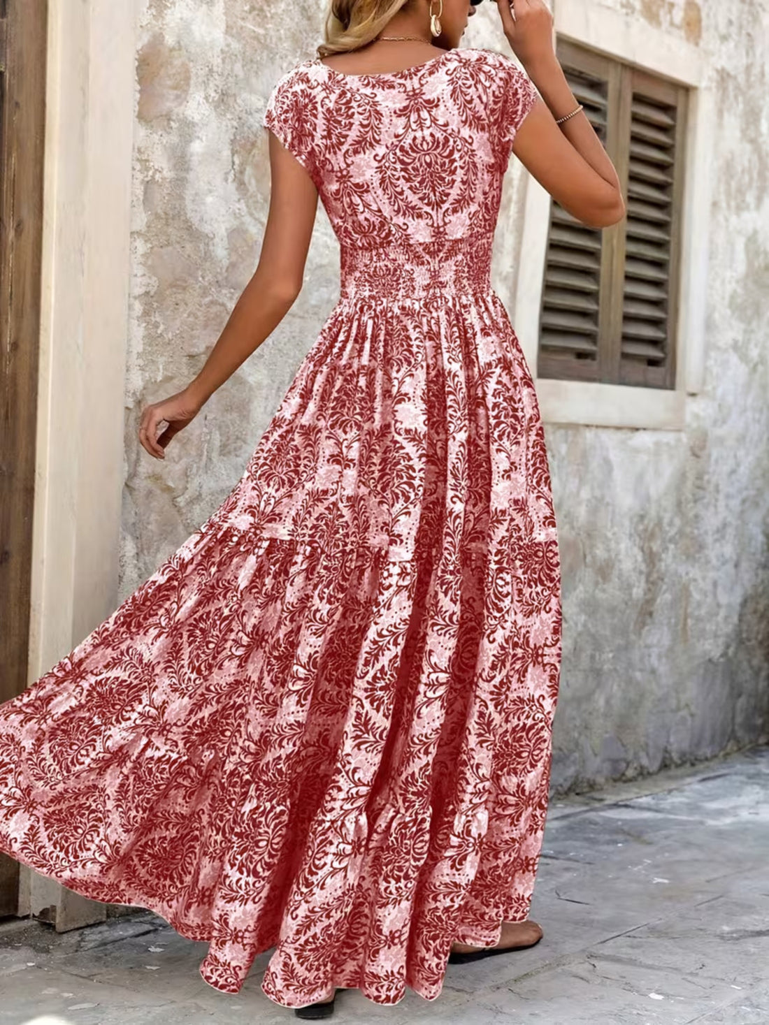 Smocked Tiered Maxi Dress - Chic Polyester Statement - cas7m
