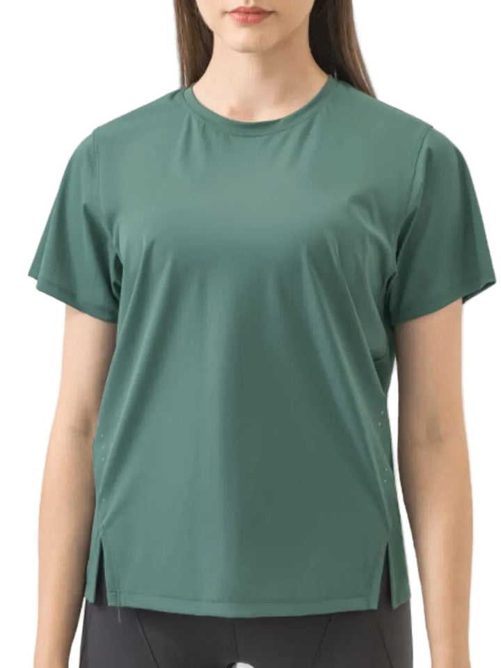 Millennia Slit Round Neck Short Sleeve Active T-Shirt - cas7m