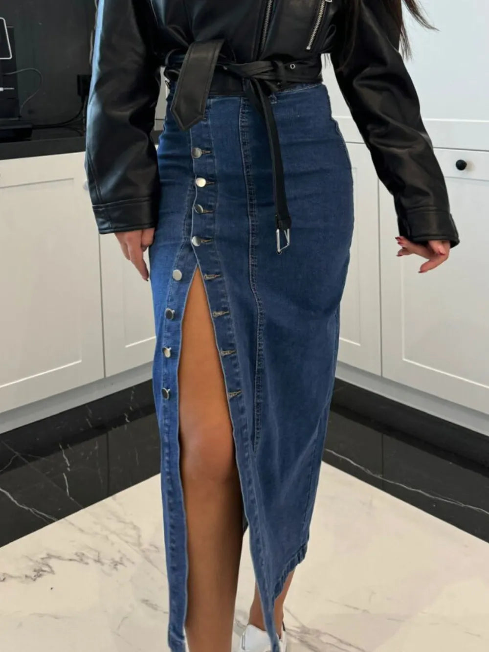 Front Button Slit Midi Denim Skirt - cas7m