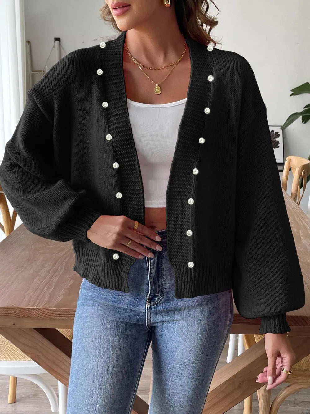 Pearl Open Front Long Sleeve Cardigan - cas7m
