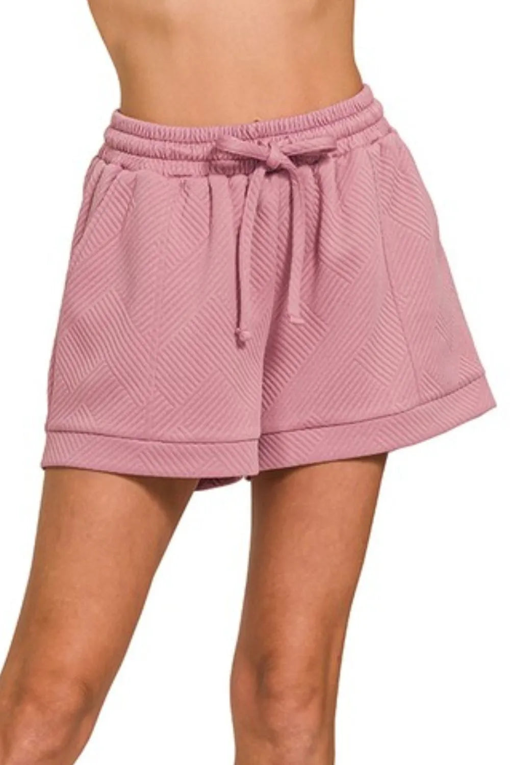 Zenana Textured Knit Jacquard Drawstring Shorts - cas7m