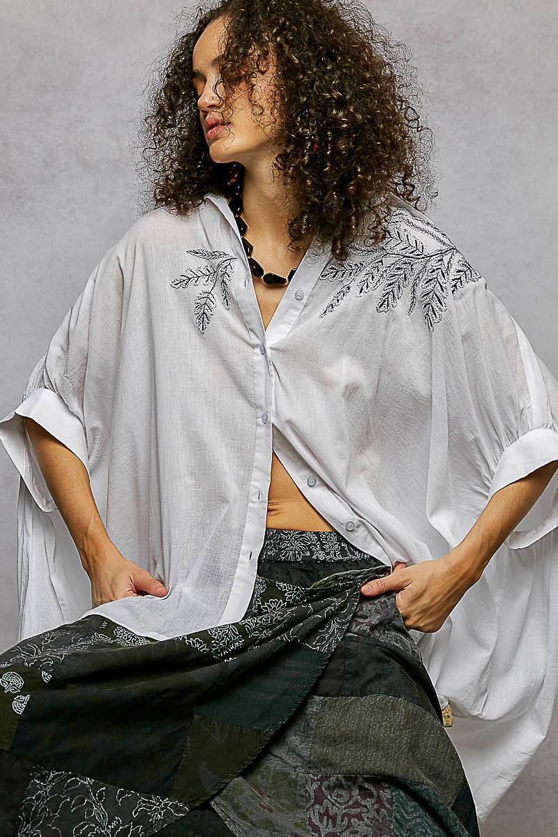 POL Button Down Embroidered Floral High-Low Hem Shirt - cas7m