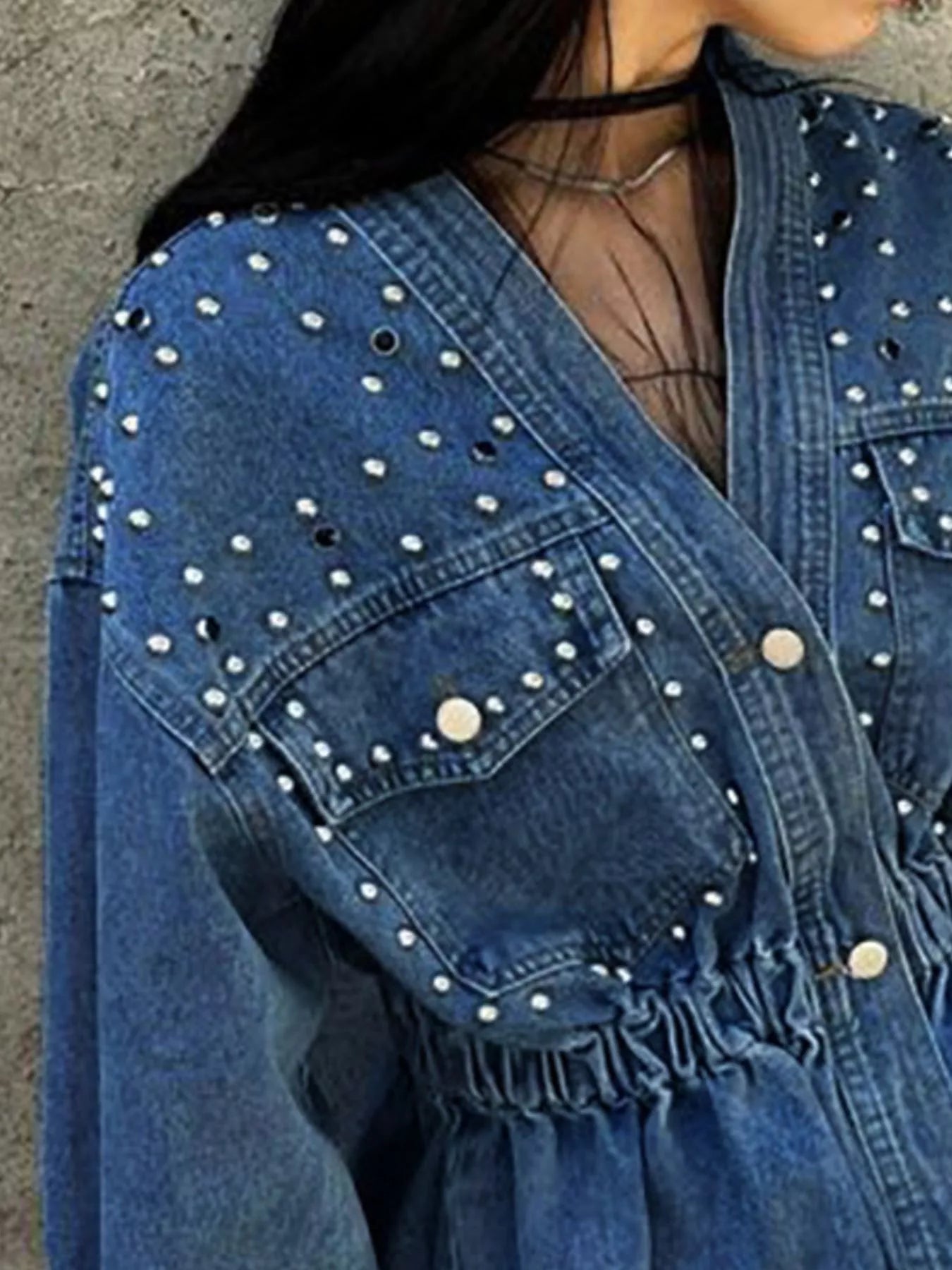 Studded Button Up Denim Jacket - cas7m