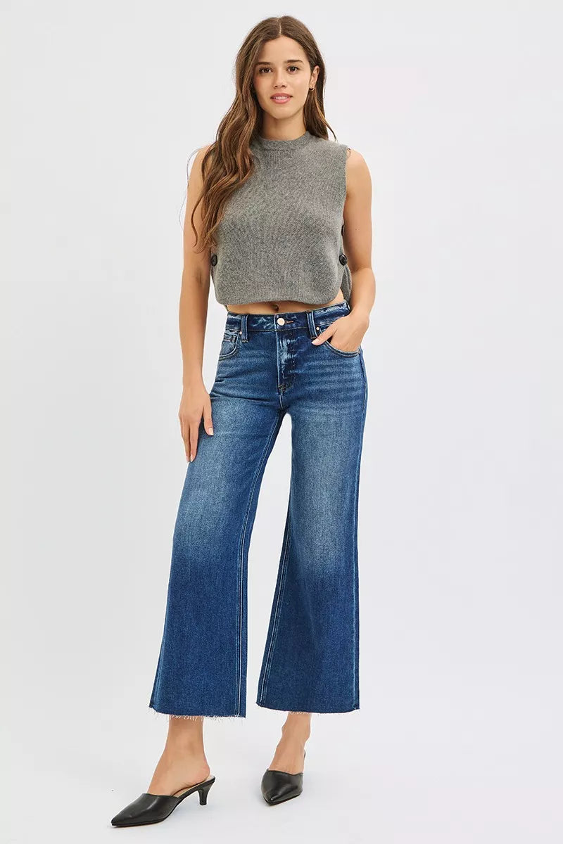 RISEN Full Size Mid Rise Crop Wide Raw Cut Hem Jeans Plus Size - cas7m