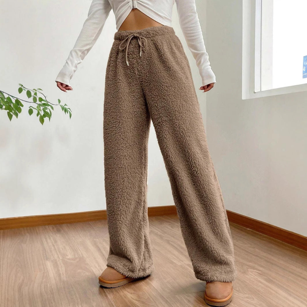 Women's Solid Color Loose Fleece Casual Pants - cas7m
