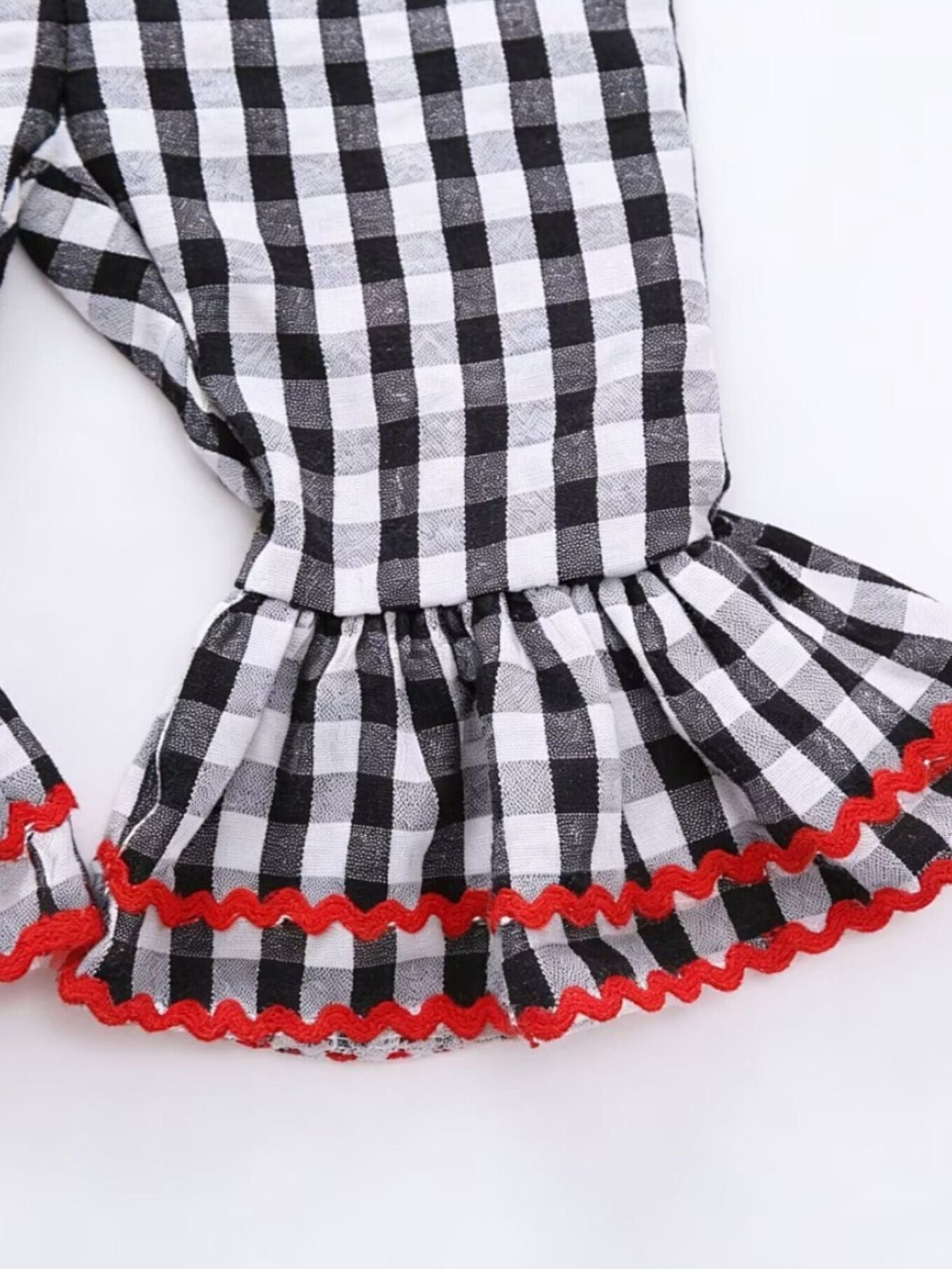 Children's Gingham Soccer Ball Embroidered Ruffle Hem Jumpsuit - cas7m