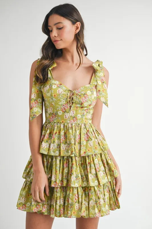 MABLE Floral Print Shoulder Tie Layered Mini Dress - cas7m