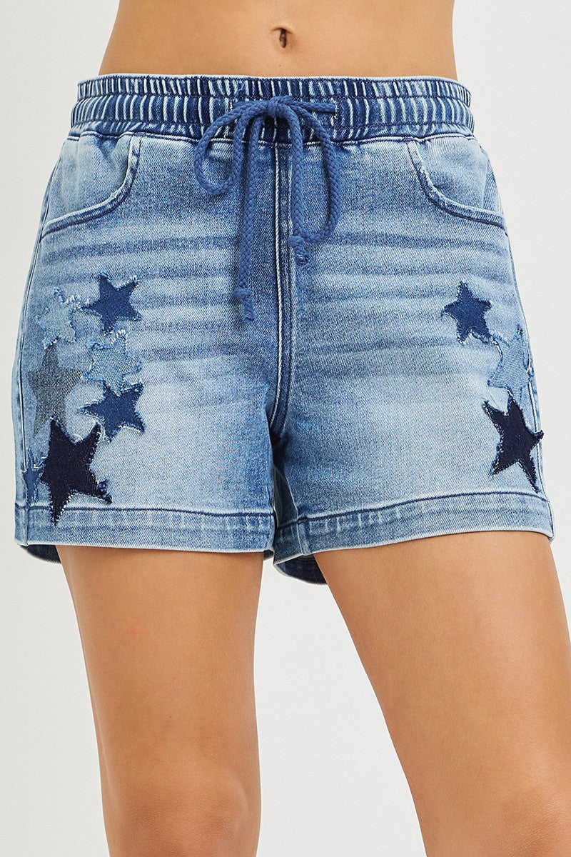 RISEN Elastic Band Slouchy Denim Shorts with Star Patched Details - cas7m