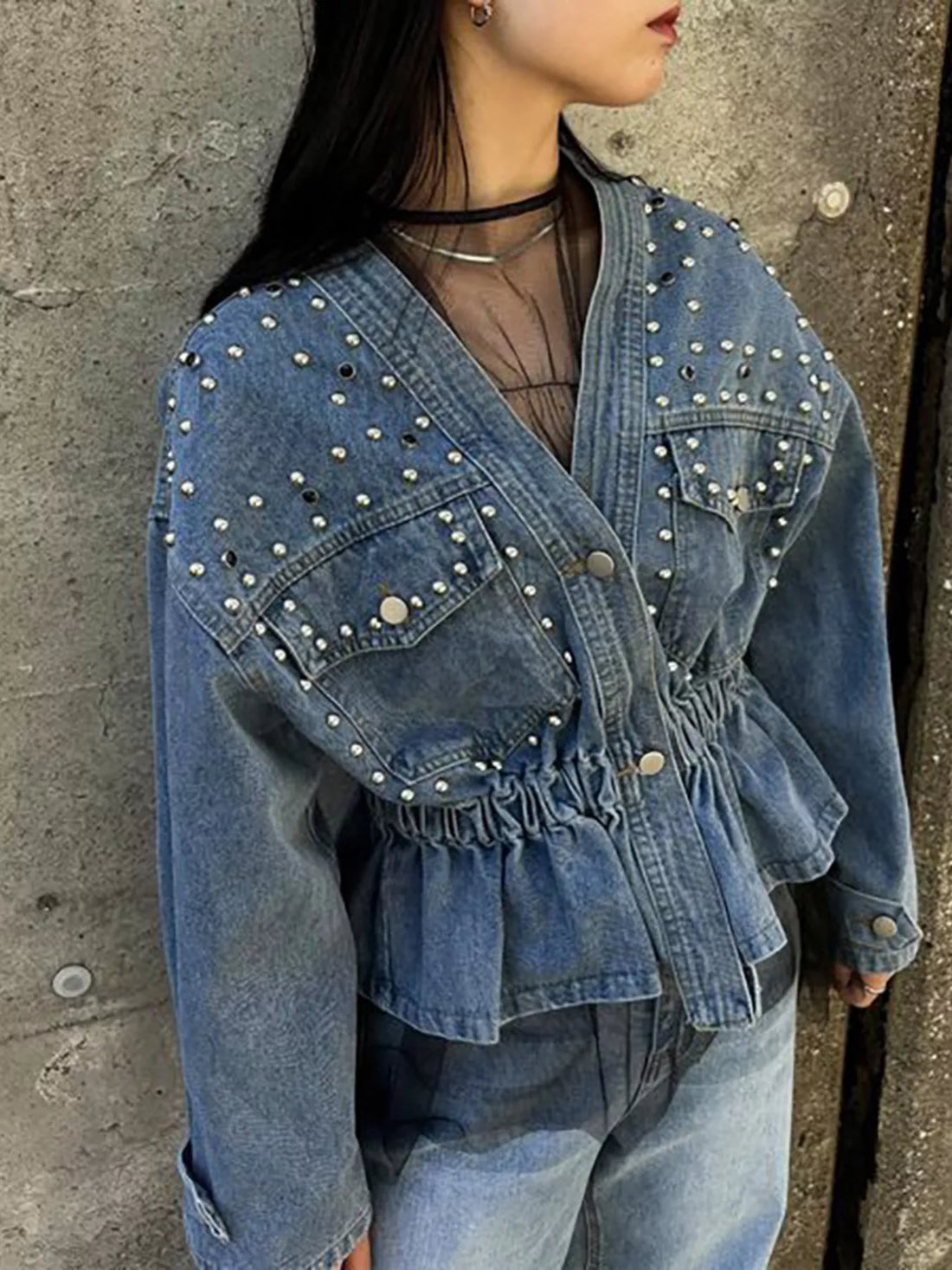 Studded Button Up Denim Jacket - cas7m