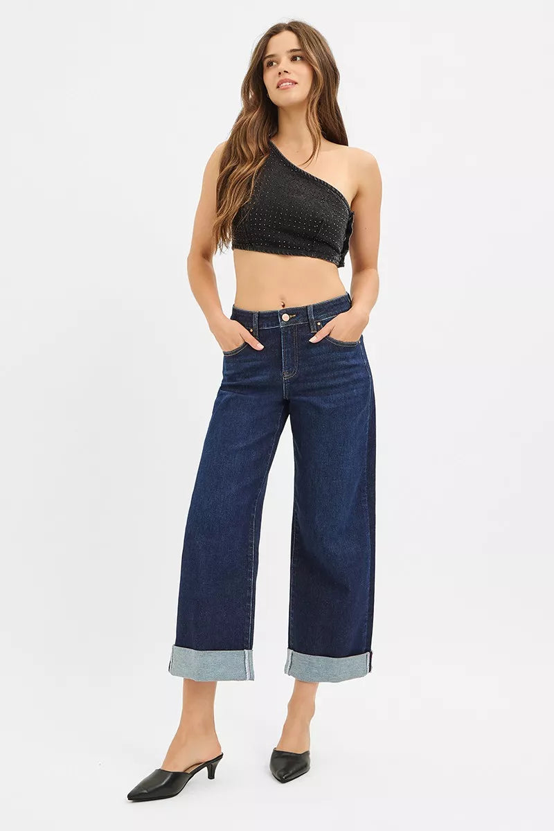 RISEN Mid Rise Fit Ankle Wide Roll Up Jeans - cas7m