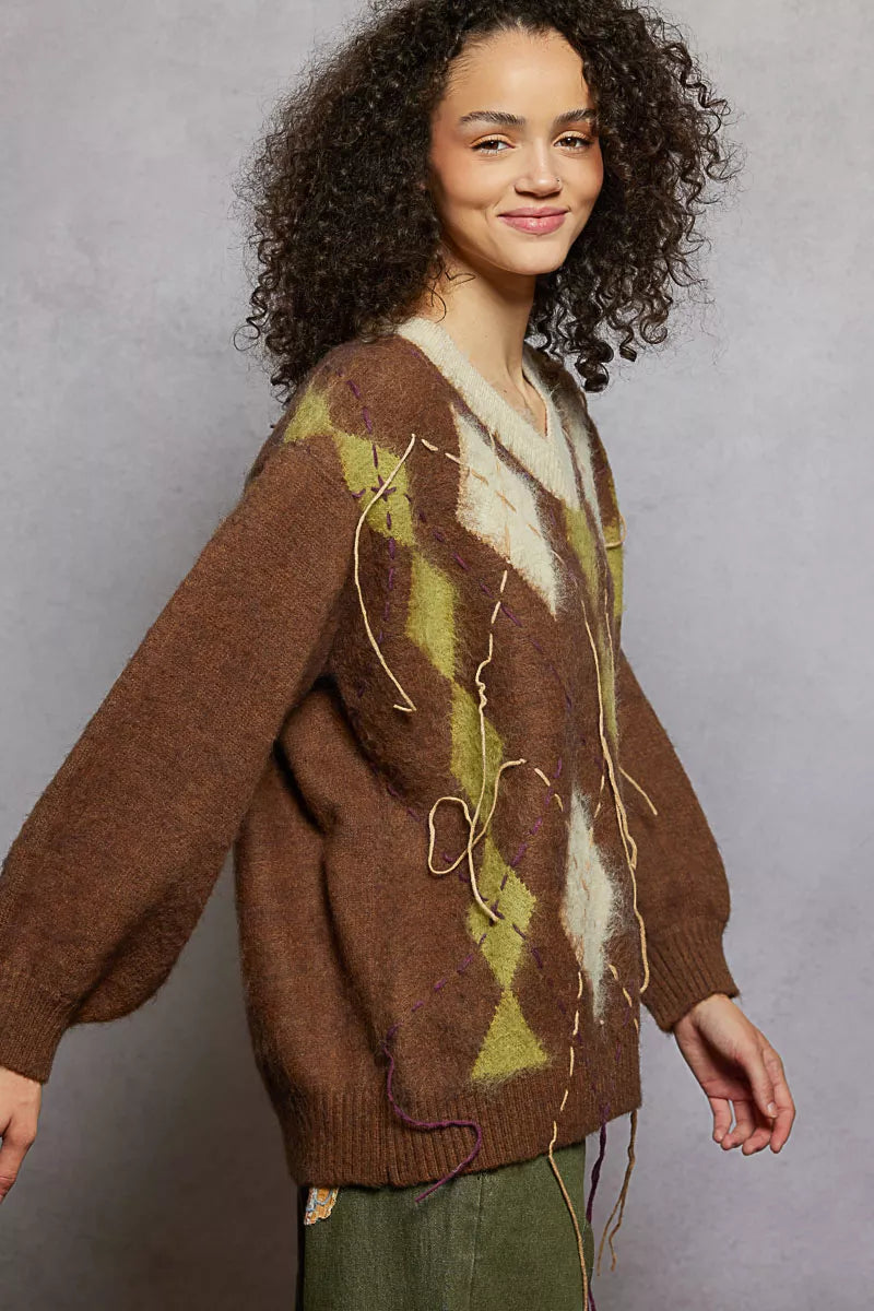 POL V-Neck Argyle Pattern Mohair Sweater with Contrast Exposed Stitch Detail - cas7m