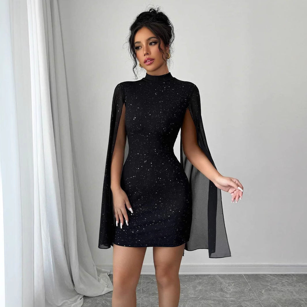 Women's Sexy Elegant Evening Party Dresses Round Neck Pit Stripe Pearl Chiffon Cape Sleeve Wrapped Hip Dress - cas7m