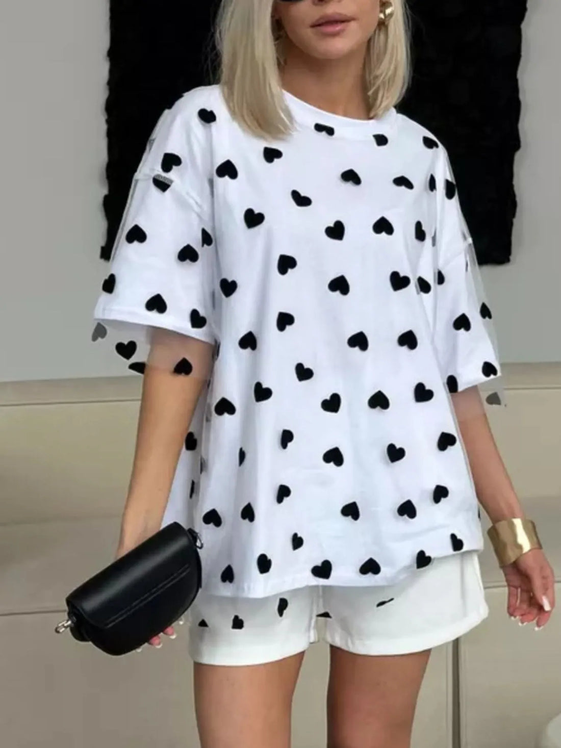 Heart Print Oversized T-Shirt - cas7m