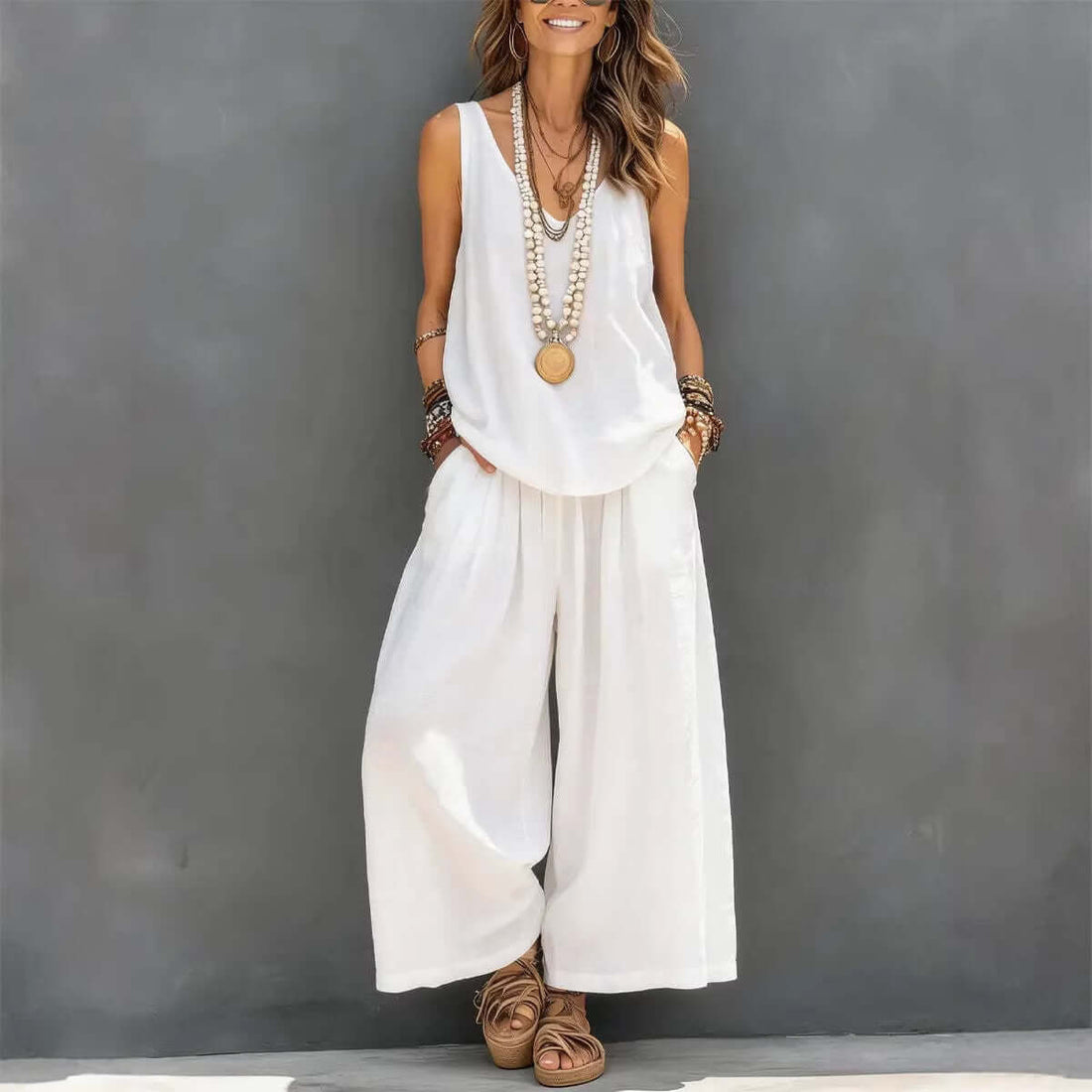 Womens Solid-Colored Casual Sleeveless Tank Top And Wide-Leg Pants Cotton-Linen Set For Daily Wear Holiday Outfit - cas7m