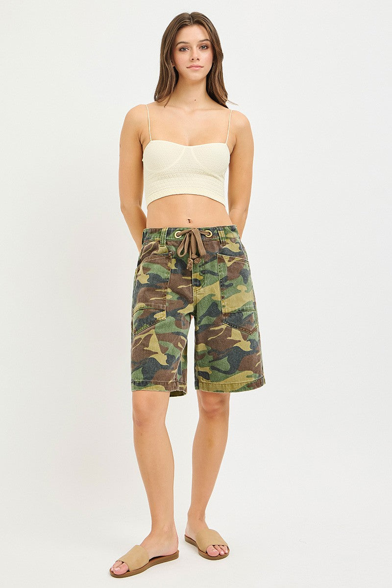 RISEN Camo Print Slouchy Jorts with Eyelet Drawstring - cas7m