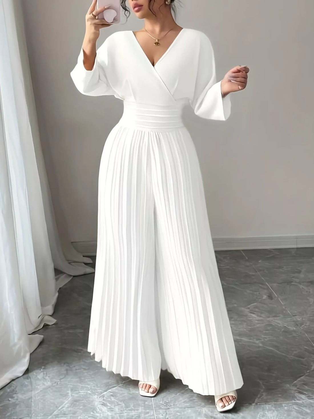 Surplice Pleated Wide Leg Jumpsuit - cas7m