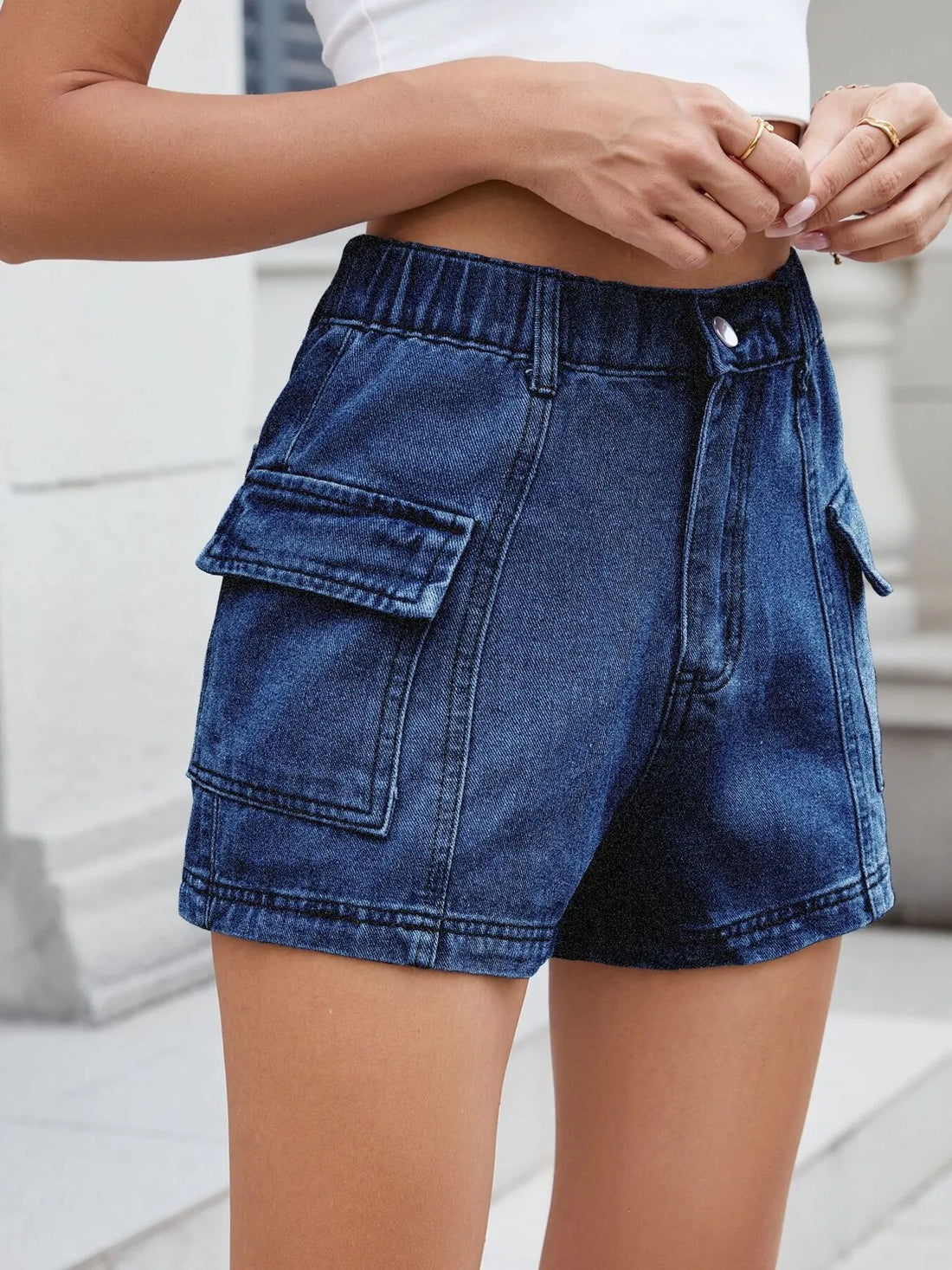 High Waist Cargo Denim Shorts - cas7m