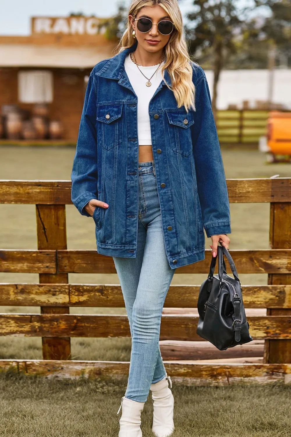Buttoned Collared Neck Denim Jacket with Pockets - cas7m