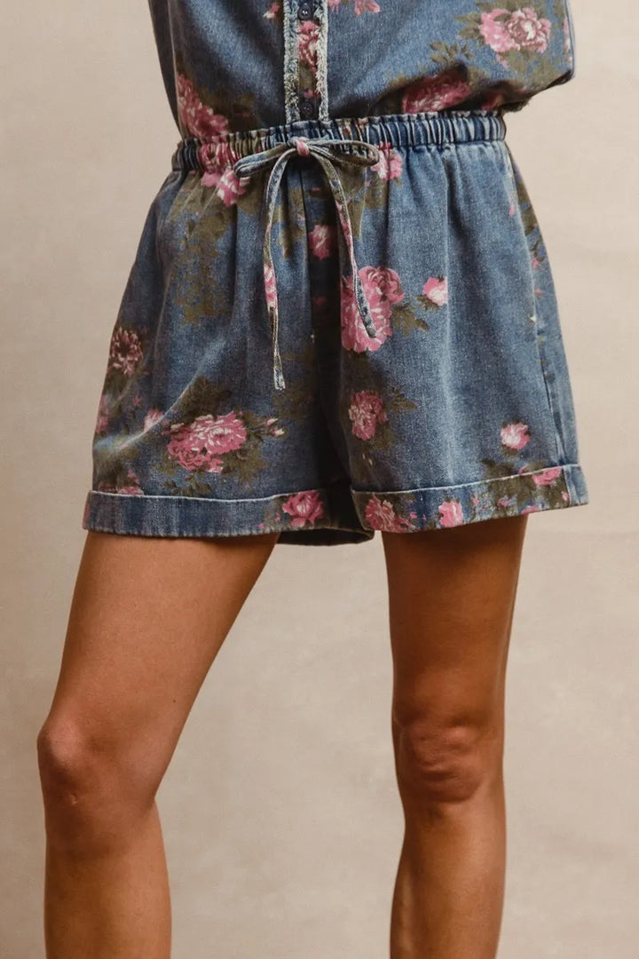 BiBi Floral Printed Denim Short Pants With Pocket - cas7m