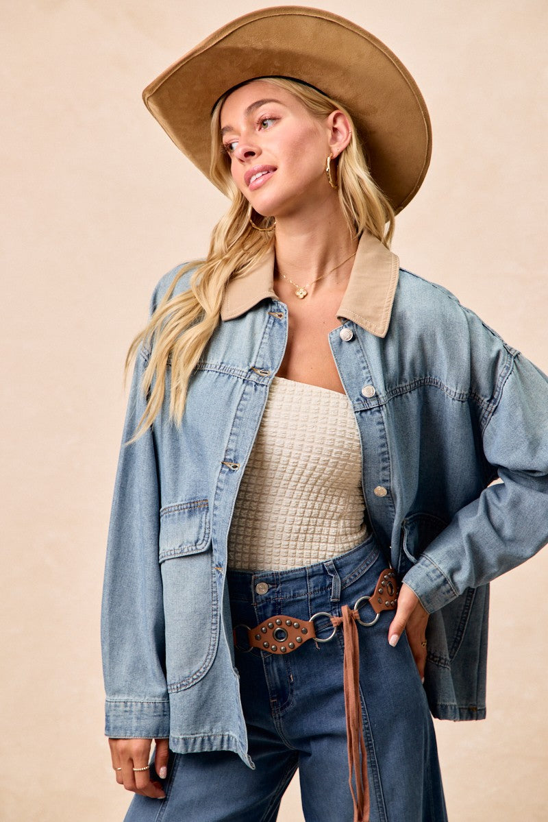 BiBi Washed Denim Jacket with Contrast Collar Detail - cas7m