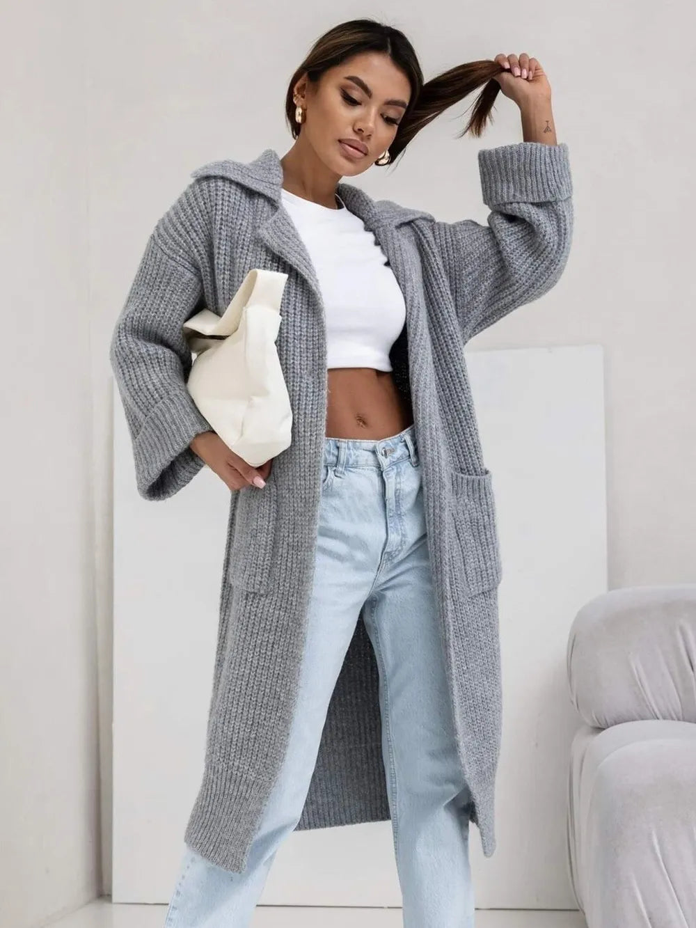 Pocketed Collared Neck Dropped Shoulder Cardigan - cas7m